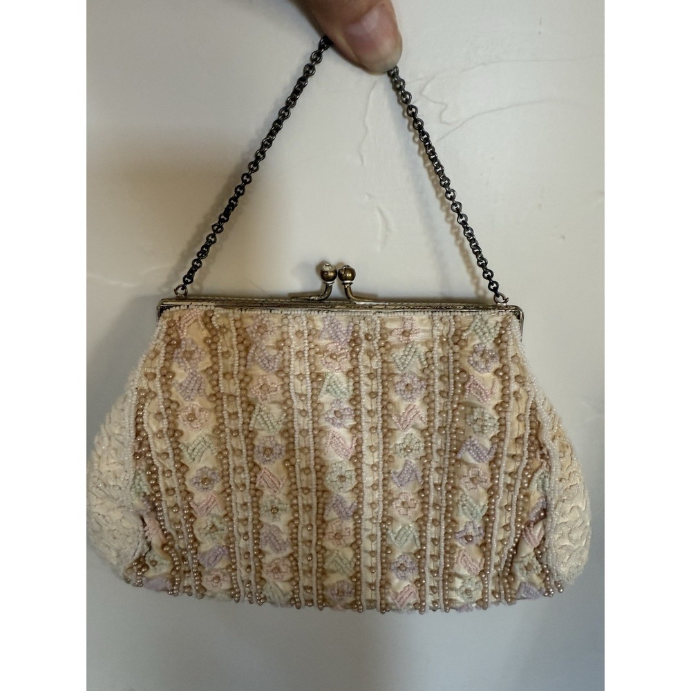 VTG Beaded Sequin Purse Pearl Ecru Evening Bag Silver Chain Strap Clutch Handbag